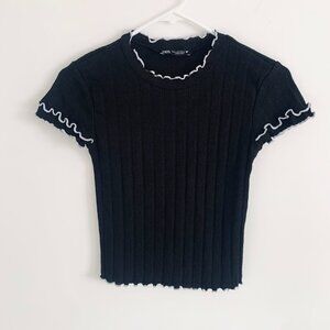 New Zara Black Ribbed White Lettuce Trim Summer Short Sleeve Crop Top